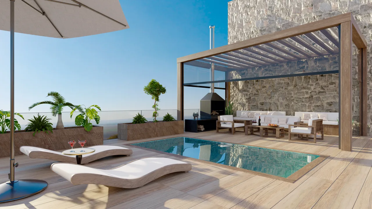 Contemporary patio with a pool and pergola