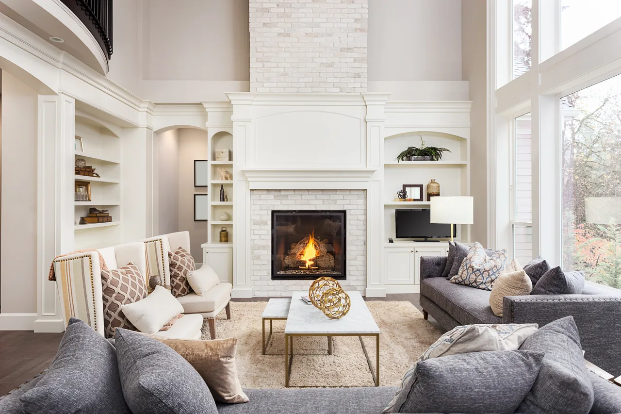 Bright living room with a fireplace
